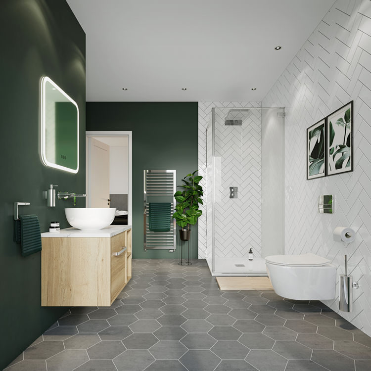 Product Lifestyle image of a botanical green bathroom comprising of Crosswater products, featuring dark green walls, a wall mounted toilet, a wall mounted wooden washbasin cabinet, a radiator with a green towel and a potted house plant