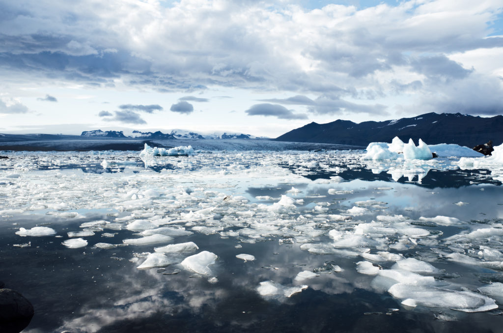 Image of large chunks of ice floating in open water, with mountains stretching into the background