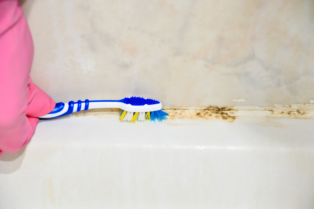 Close up image of someone cleaning mould off the edge of a bath using a toothbrush