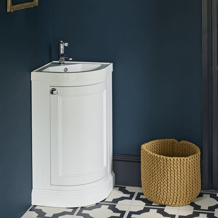 Product Lifestyle image of Burlington Classic White Freestanding Corner Cloakroom Vanity Unit and Basin