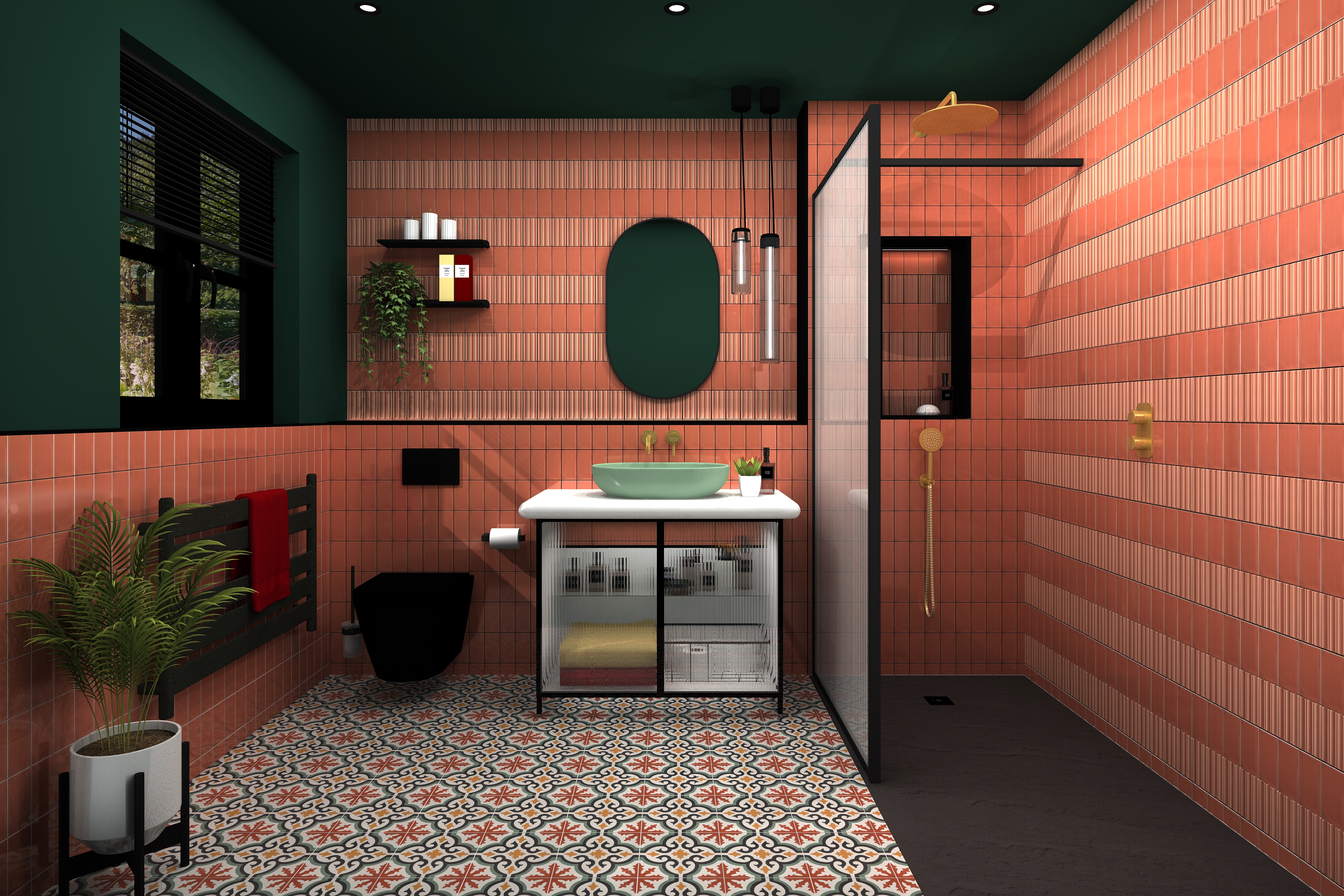 image of a 3D CGI virtualworlds bathroom design of red tiled bathroom with black shower and washstand, and accessories with moroccan tiled patterned floor 