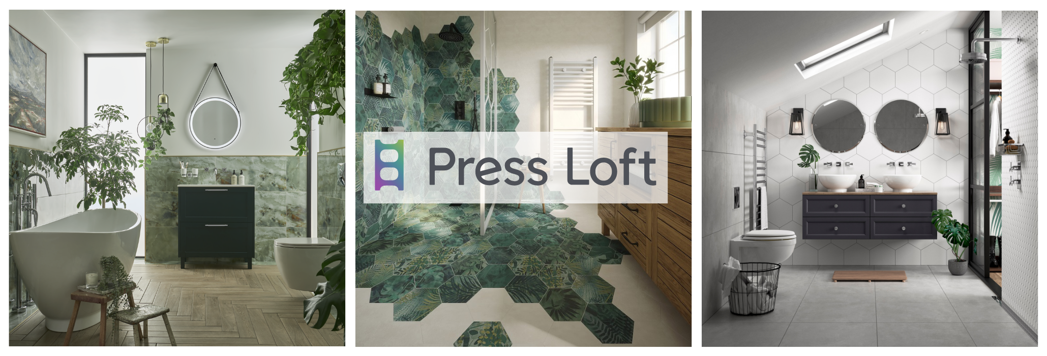 image of montage of bathroom images overlaid with a see through pressloft logo