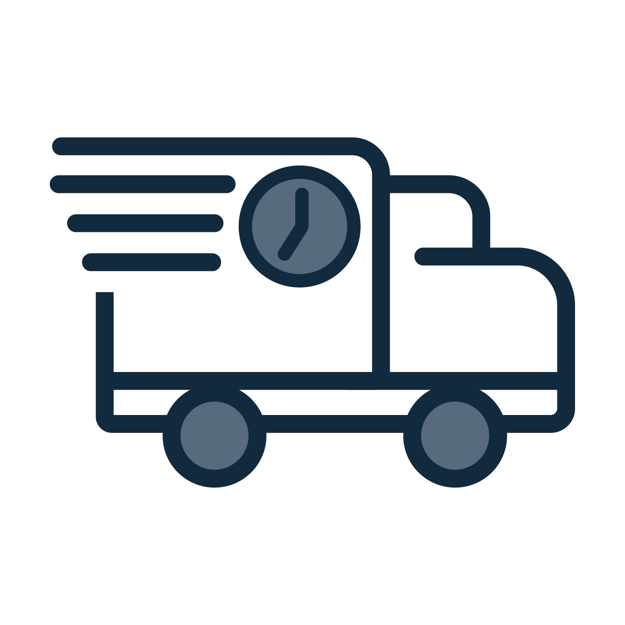 icon image of a van with whoosh lines and a clock showing quick delivery