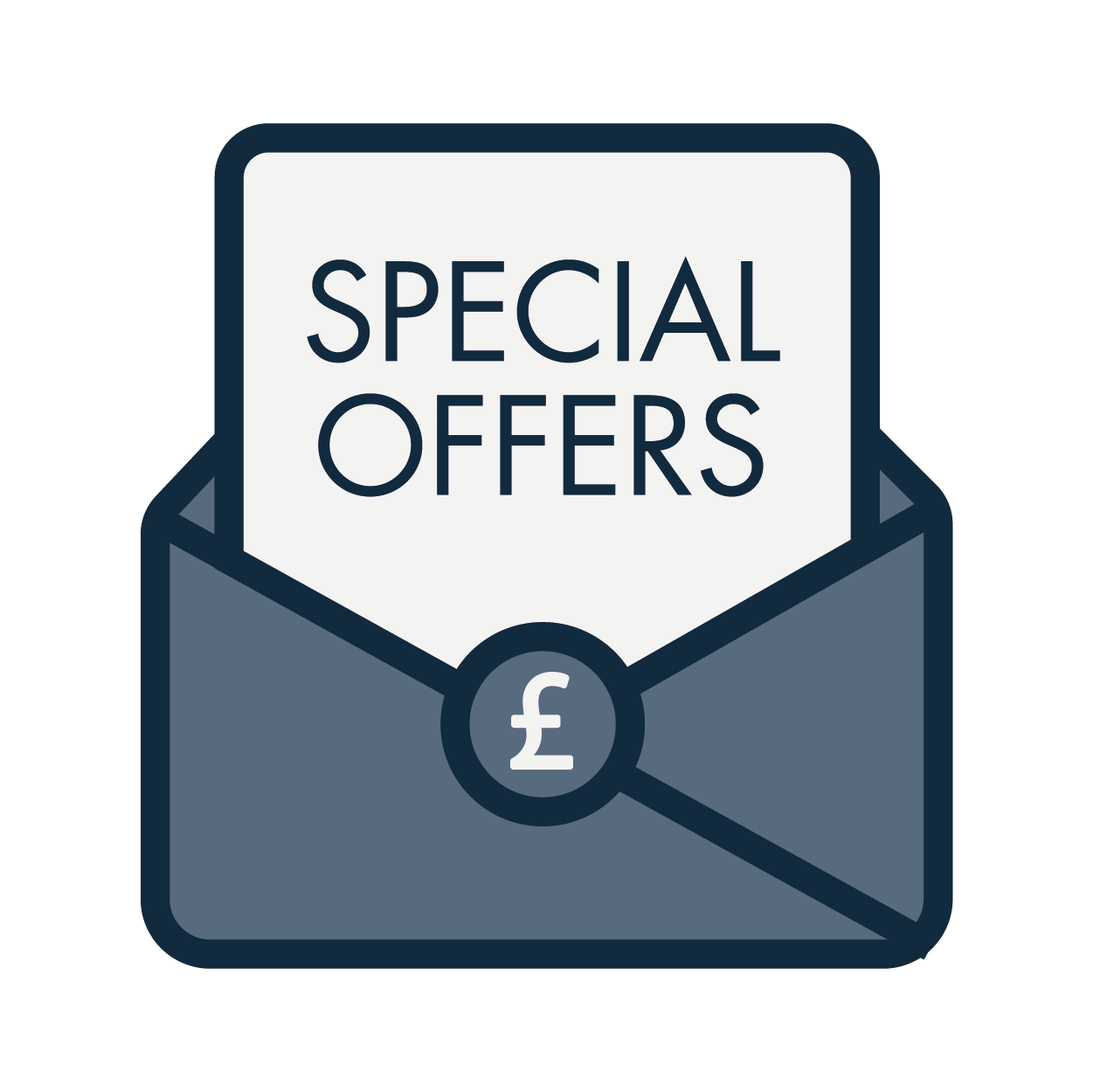 icon image of an envelope with seal with £ on and document saying special offers coming out