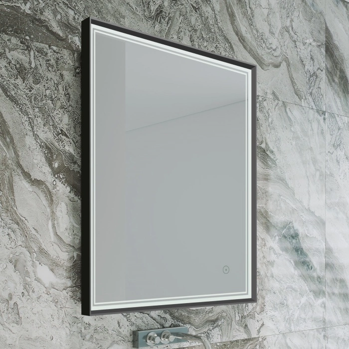 Image of Bathroom Origins Astoria Mirror Black Frame against a grey marble wall