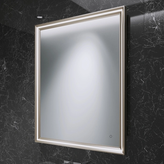 Image of Bathroom Origins Lexington Mirror in Brushed Bronze rectangular shape against a dark marble wall