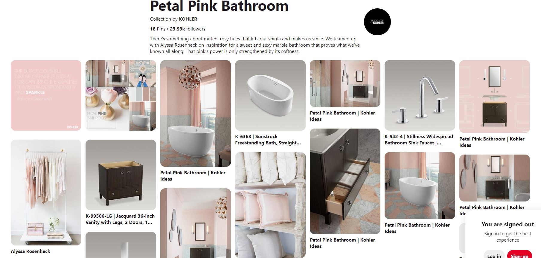 Screenshot of the petal pink bathroom colletion from Kohler