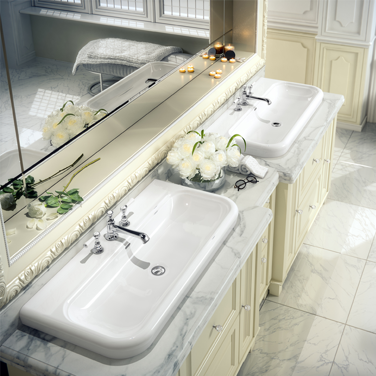 Lifestyl image of a double washbasin unit with marble countertops