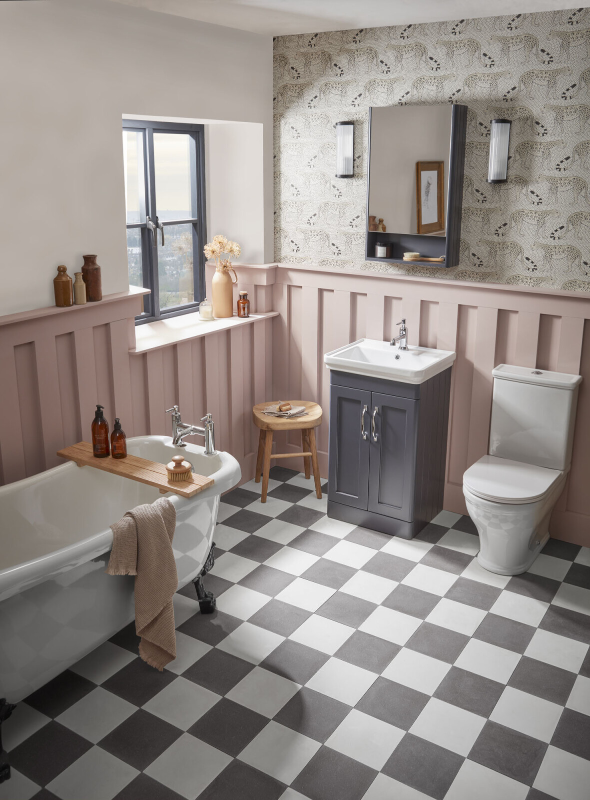 Product Lifestyle image of the Roper Rhodes Tavistock Marston Traditional 500mm Bathroom Vanity in Dark Grey in Chequerboard Tiled Bathroom