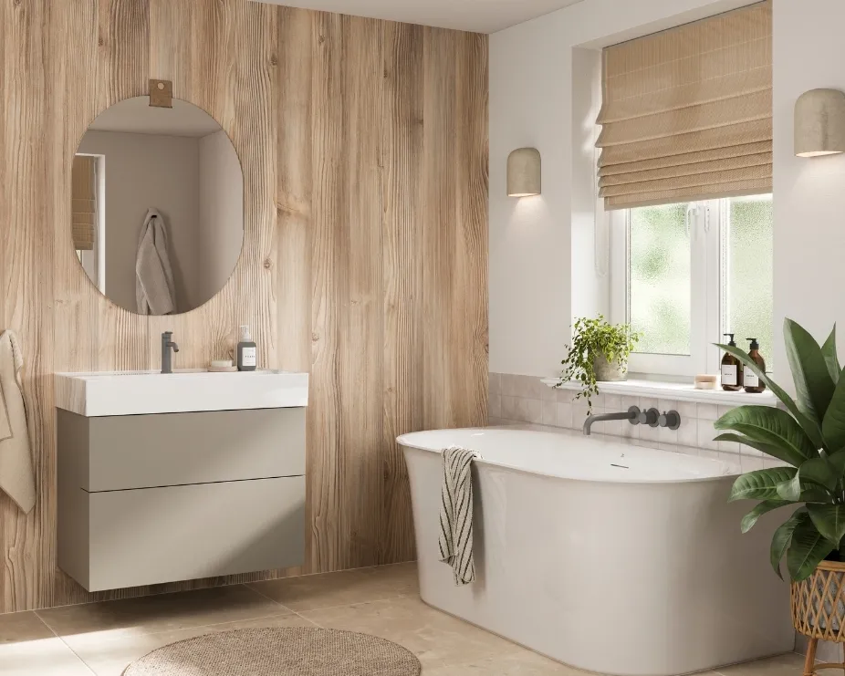 image of bathroom with freestanding bath, wooden panels, light colour scheme and plants illustrating biophilia trend bathroom design