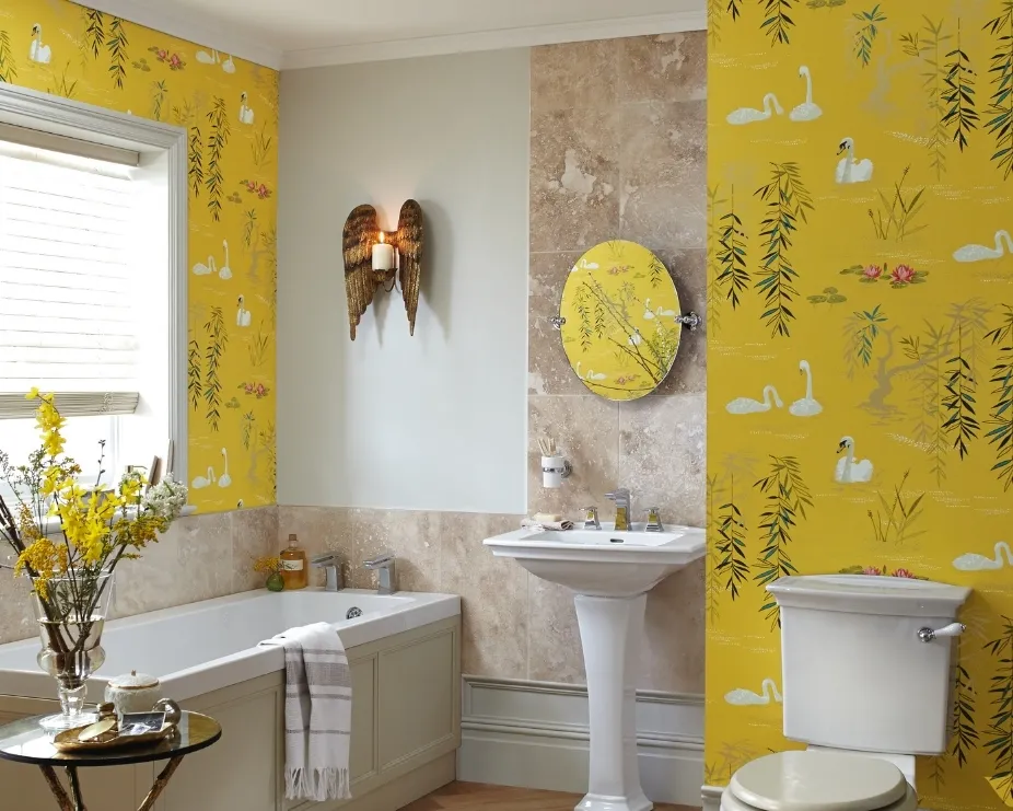 image of a bright coloured bathroom with bright green wall paper highlighting dopamine decor