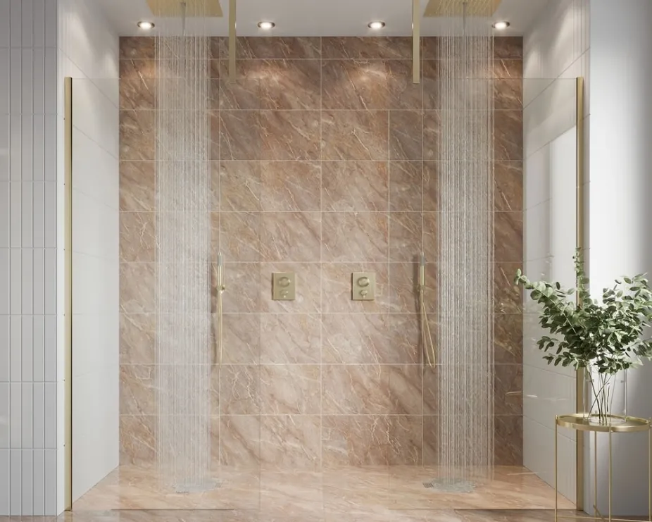 image of a double wetroom shower with two shower valves, shower heads and enclosures