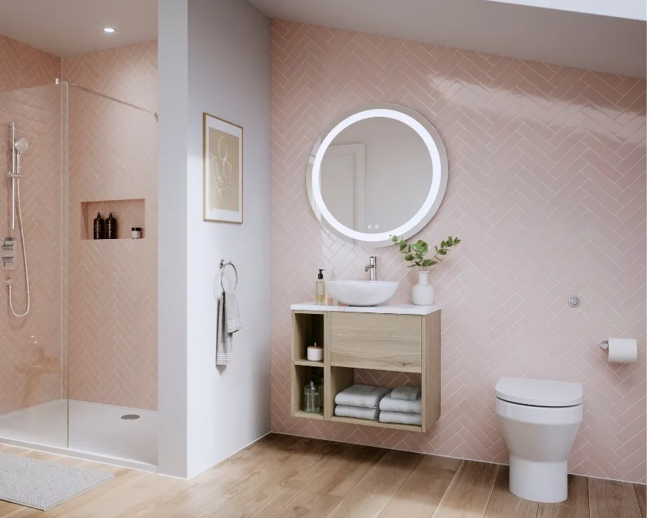 image of a bathroom with herringbone tiling, a wall hung vanity unit in light wood with storage space, and illuminated mirror showing uncluttered space