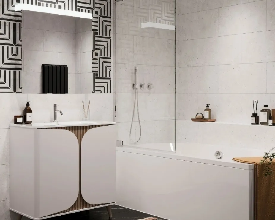 image of a white bathroom with black and white tiled patternes above vanity unit