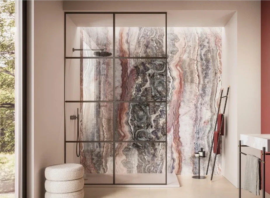 image of a walk in shower enclosure with marble statement dramatic feature wall background like gemstone marbling