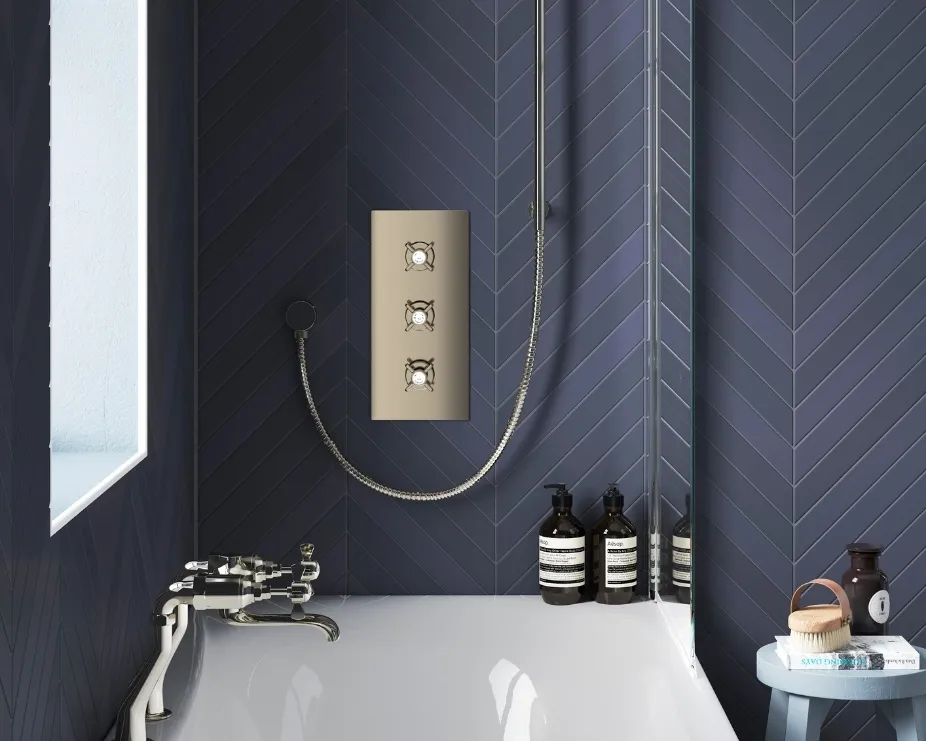 image of a darker purple navy colour scheme with gold fixtures and ftittings highlighting a richer, dramatic tone