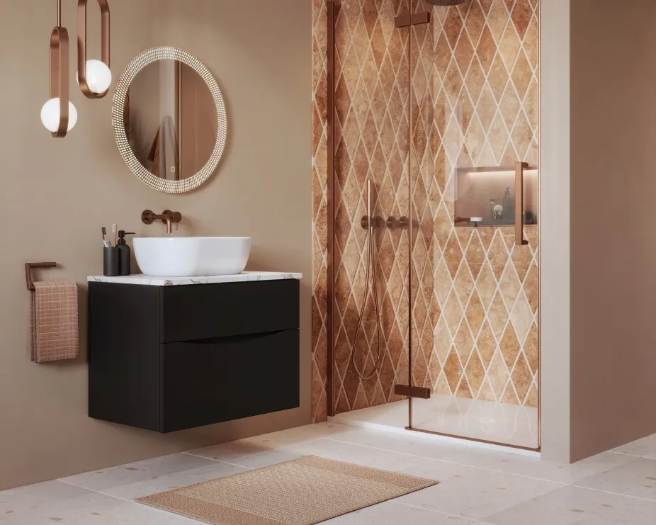 image of a beige and terracotta bathroom with bronze fixtures and matt black vanity unit