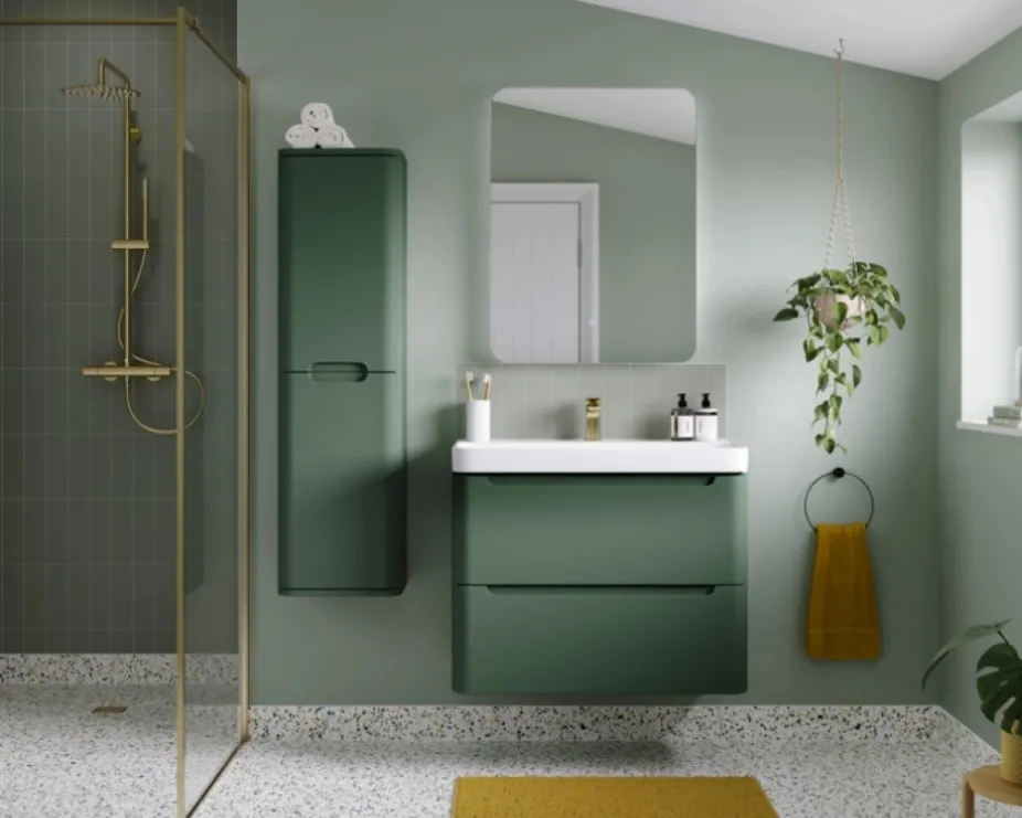 image of green bathroom furniture in bathroom highlighting a resurgence of avocado like bathroom trends