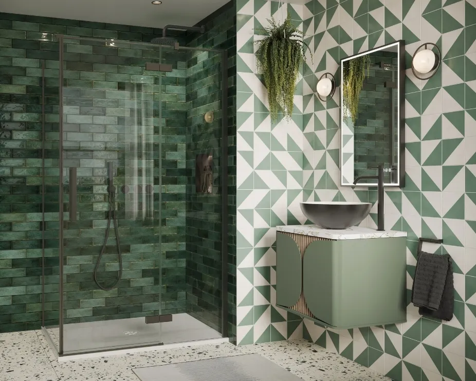 image of a green tiled bathroom space with green vanity unit and walk in shower in slate