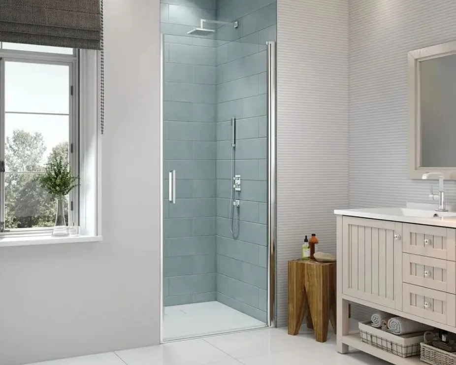 image of a walk in shower enclosure in chrome in a neutral bathroom scheme