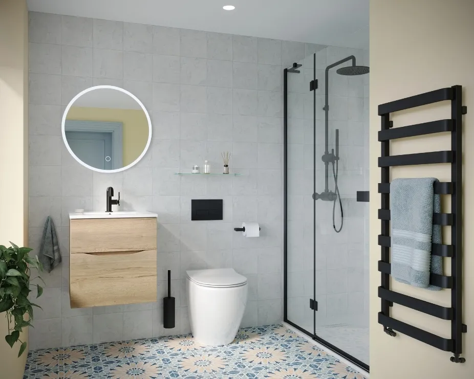 image of a bathroom in pastel colours with light oak vanity unit and matt black accents