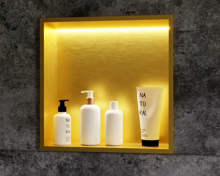 image of a rak ceramics illuminated shower niche with bottles inside