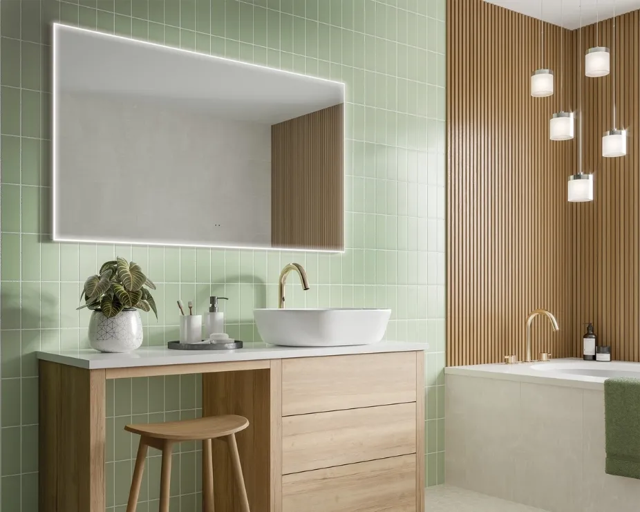 image of a bathroom with an illuminated led mirror and also ceiling-mounted floating bathroom lighting showing lights