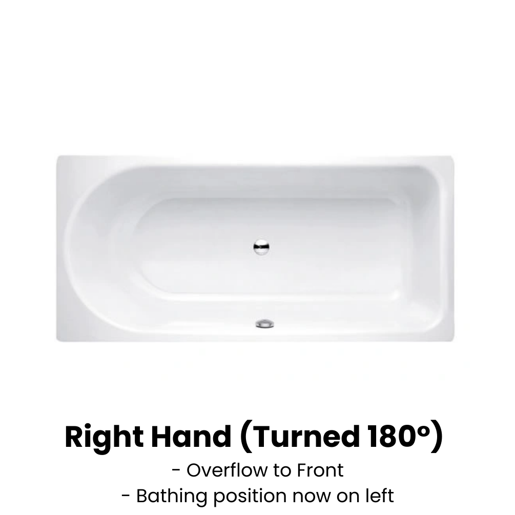 cutout image of right hand steel bath turned 180 degrees showing bathing position and overflow in different position