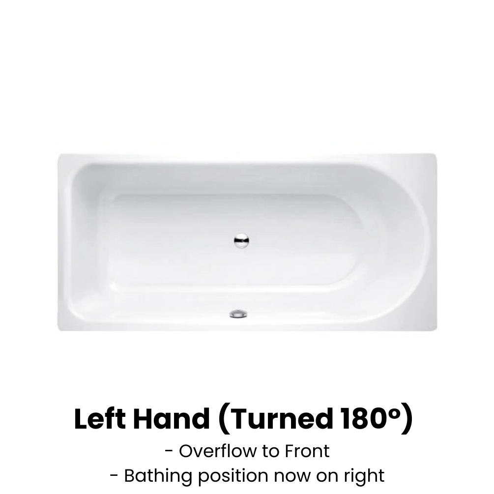 cut out image of left hand steel bath rotated 180 degrees showing bathing position to right and overflow to the front