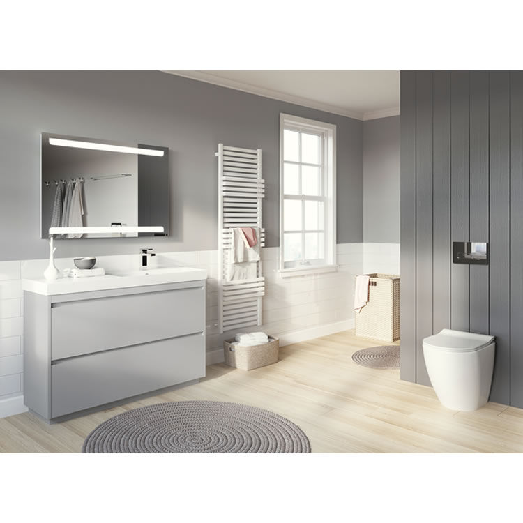 Lifestyle image of a grey themed bathroom, featuring a round grey bath mat, grey painted and panelled walls, grey washbasin unit and a grey soap dish