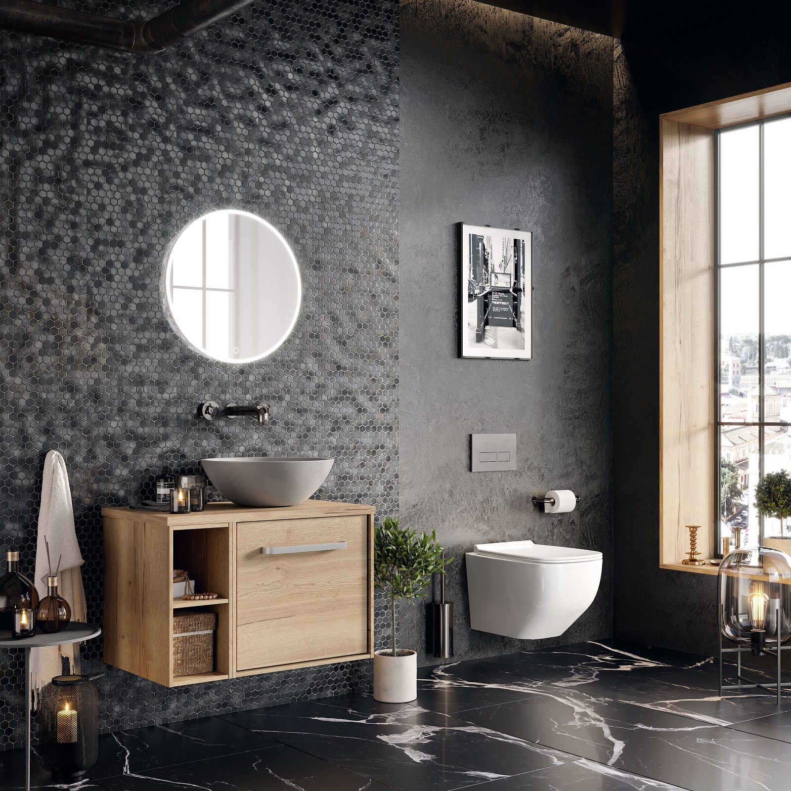 Lifestyle image of a black bathroom design, featuring black marble floor tiles, black hexagonal wall tiles and a black textured wall