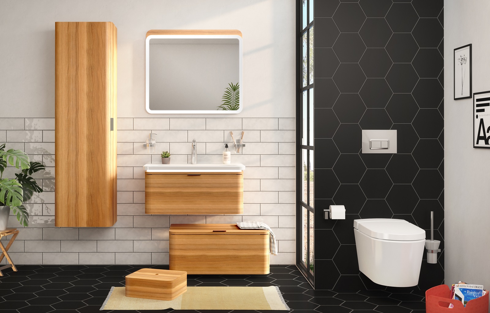 Lifestyle image of a bathroom featuring black hexagonal floor and wall tiles