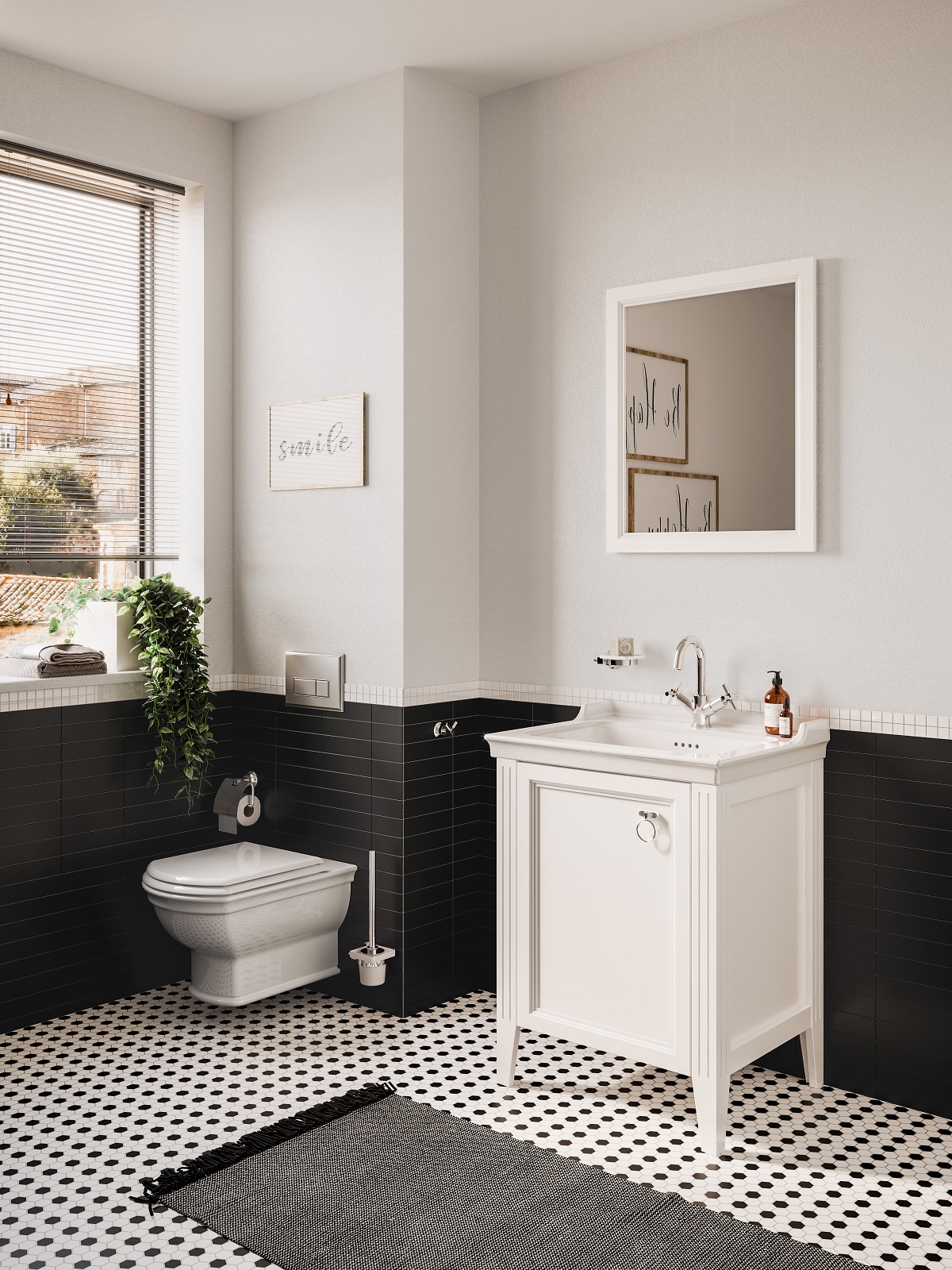 Lifestyle image of a bathroom with blakc and white hexagonal floor tiles, a black and white bath mat and black rectangular wall tiles contrast against white fixtures