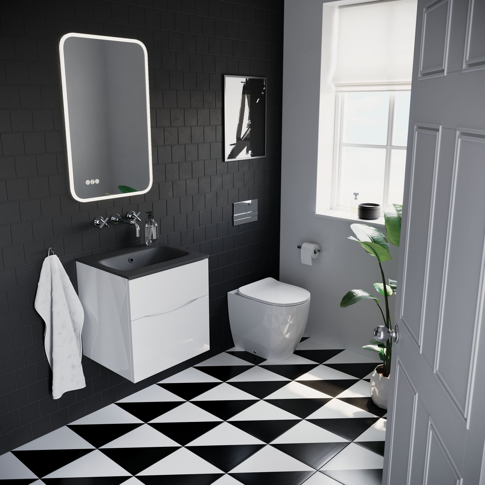 Lifestyle image of a black bathroom desing, featuring black wall tiles, black and white floor tiles and a black washbasin