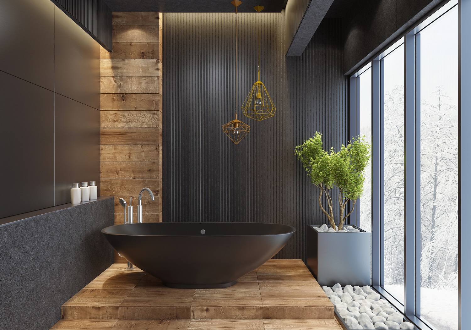Lifestyle image of a contemporary bathroom, with wooden floors, black slotted walls and a painted black boat bath