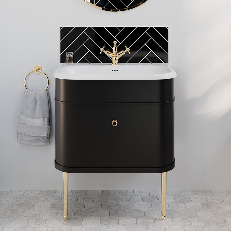 Product Lifestyle image of the Burlington Chalfont 750mm Matt Black Wall Hung Unit and Basin with gold legs