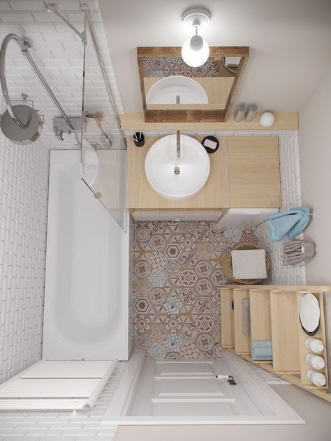 High angle lifestyle image of a white and brown bathroom, featuring stepped wooden shelving, white tiled walls, a wooden countertop and white ceramics