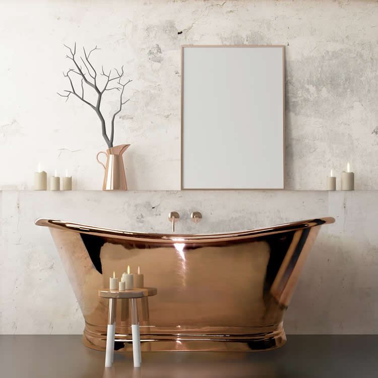 Product Lifestyle image of the BC Designs 1700mm Copper Freestanding Boat Bath