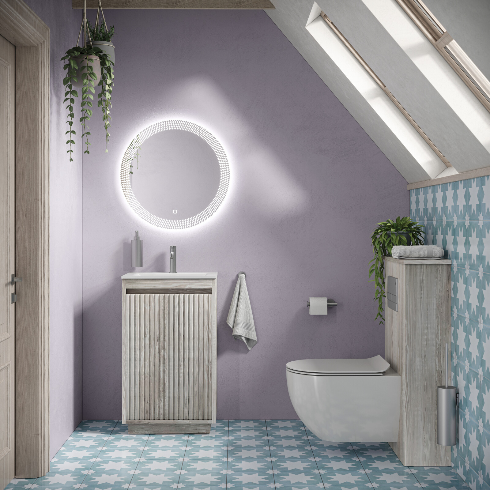 Product Lifestyle image of a lilac painted cloakroom bathroom featuring numrous products from Crosswater, including a wall mounted toilet with a wooden cistern housing, a slatted wooden washbasin unit and a round LED mirror