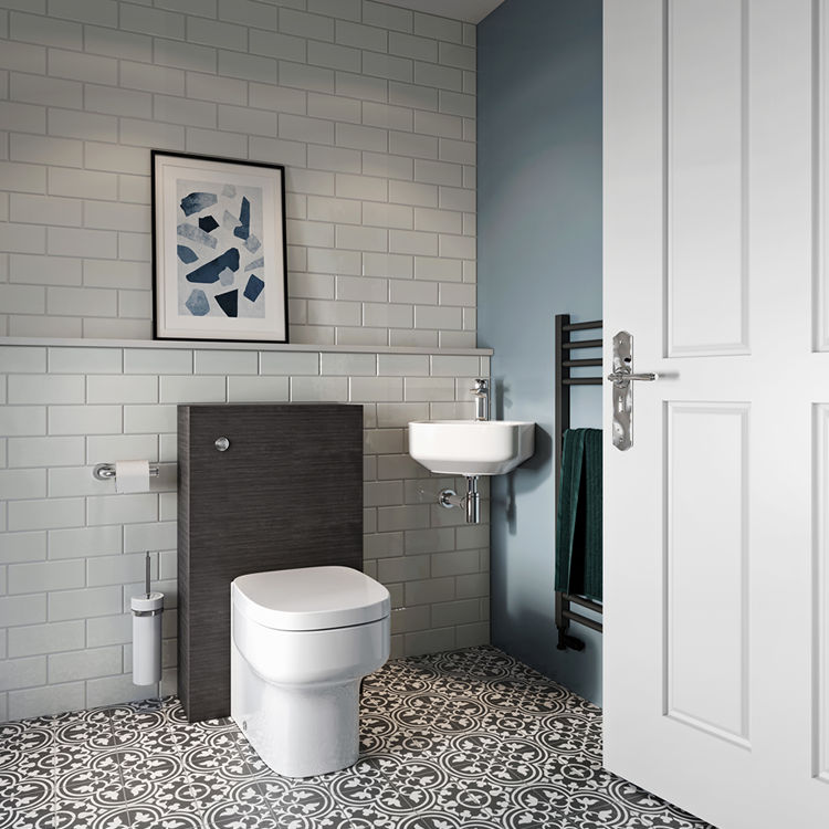Product Lifestyle image of a small bathroom featuring statement Crosswater floor tiles