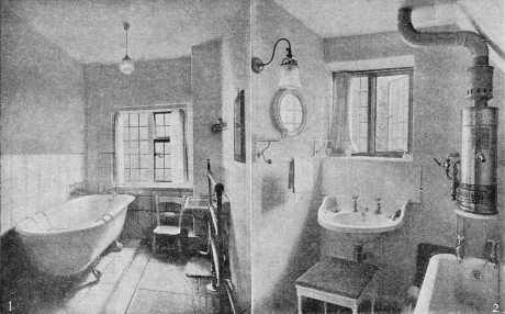 Illustration of two contemporary Edwardian bathrooms, containing a freestanding baths with cast iron clawfeet, brittall windows, pedestal basins and wooden chairs and stools