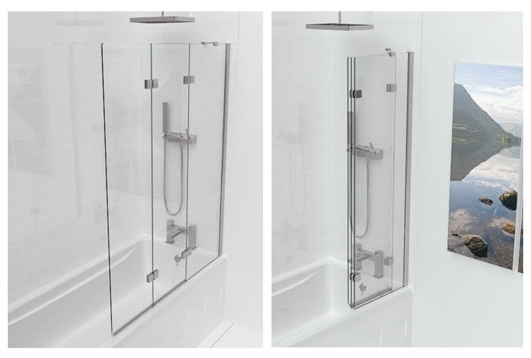 Product Lifestyle images of a Kudos Inspire 3 Panel In Fold Bath Screen with its panels unfolded and folded