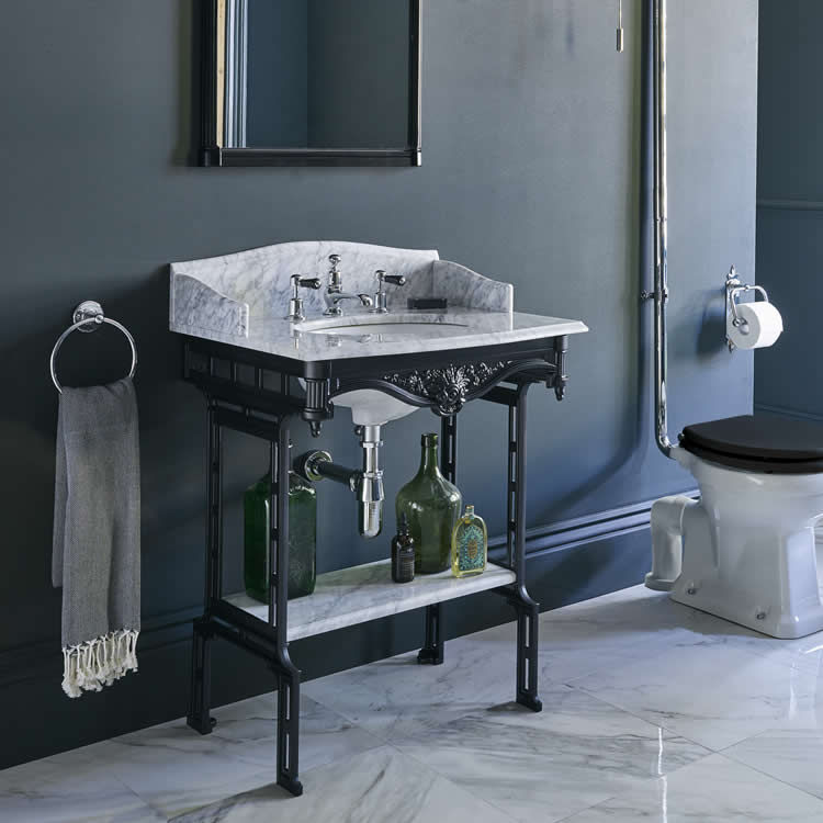 larger image of burlington georgian carrara marble worktop and basin with upstand on black aluminium washstand with shelf