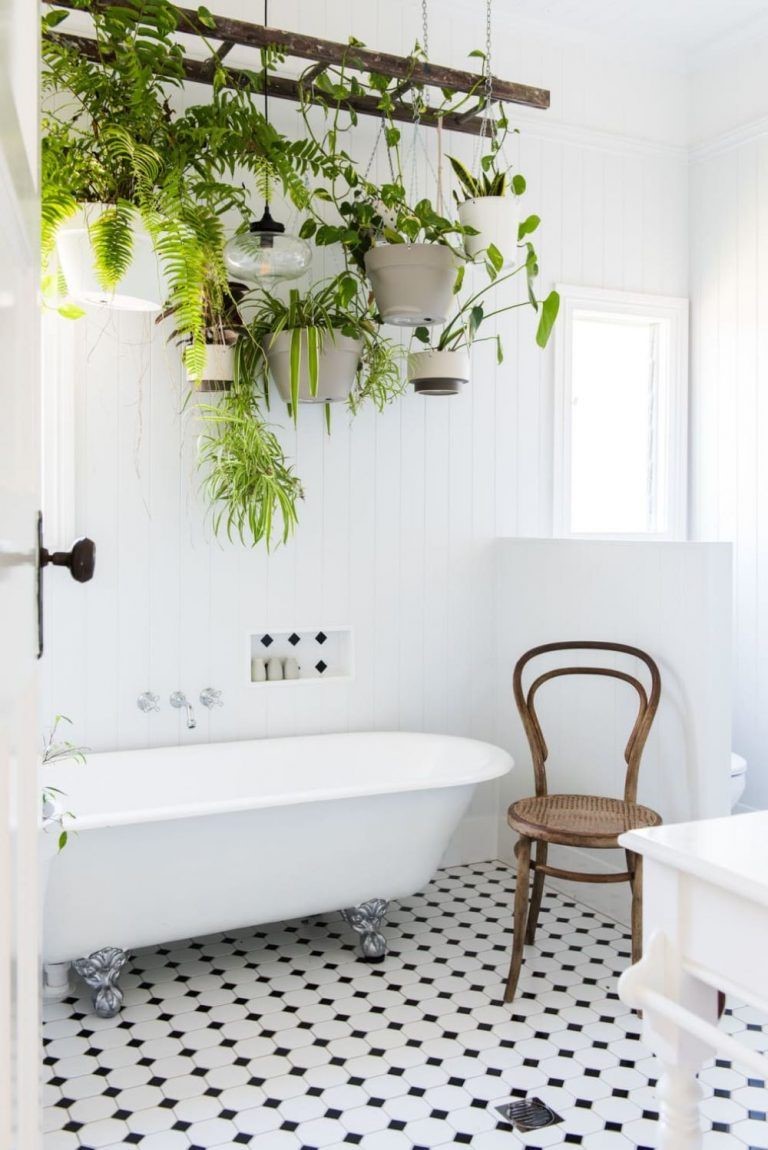 Lifestyle image of green and white bathroom design, featuring black and white floor tiles, white panelled walls, white painted washstand and green hanging plants