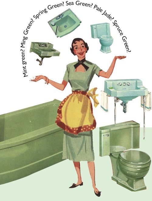 Image of an old poster advertising various green coloured bathroom fixtures