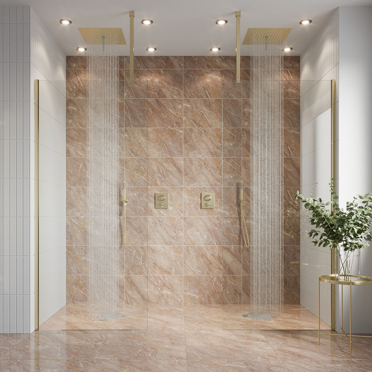 Product Lifestyle image of Crosswater Gallery 10 Brushed Brass Double Wetroom Screen housing a marble tiled double shower enclosure