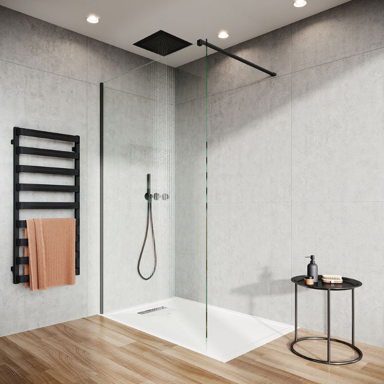 Product Lifestyle image of the Crosswater Tranquil 380mm Multi Flow Matt Black Recessed Shower Head above a walk in shower enclosure