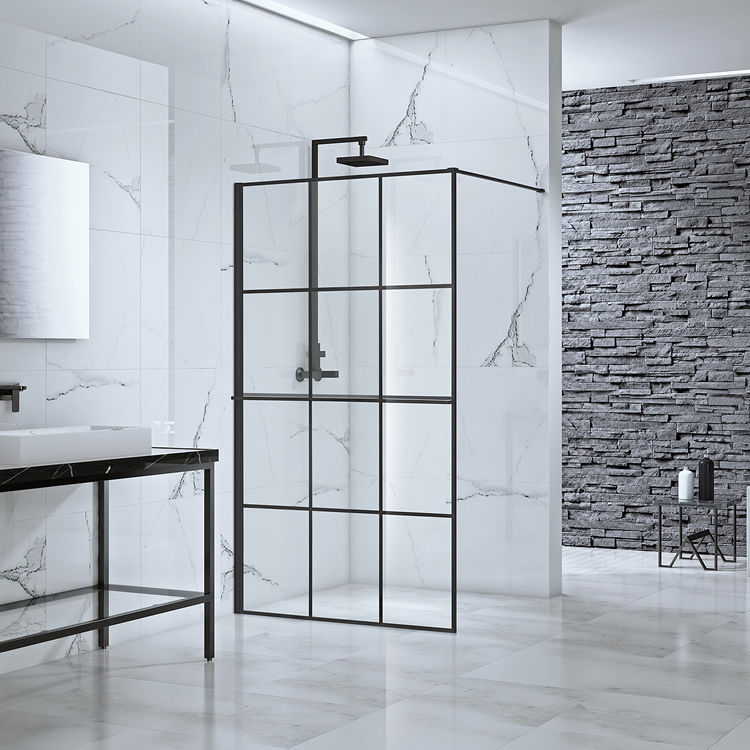 Product Lifestyle image of the Frontline Velar+ Matt Black Crittall Walk In Shower housing a mable tiled enclosure