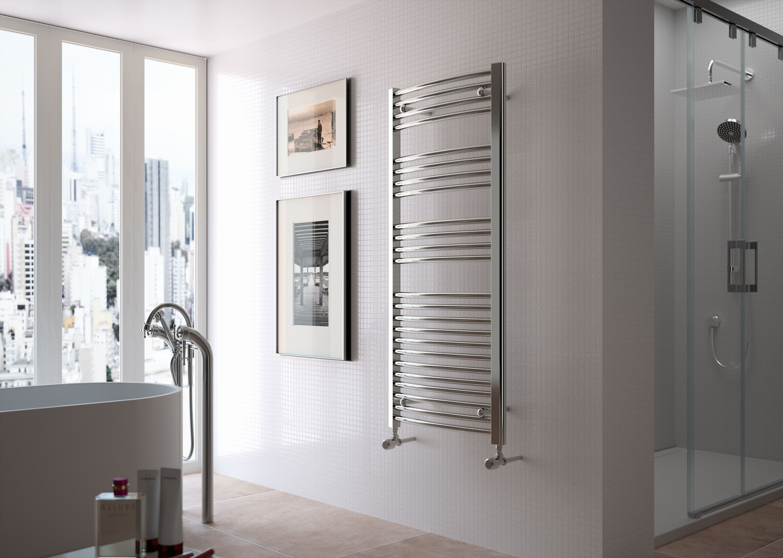 Product Lifestyle image of the Radox Premier Curved Chrome Towel Radiator