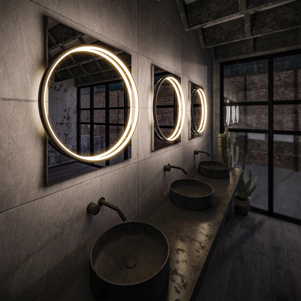 image of the hib solas mirrors illuminated in industrial type bathroom